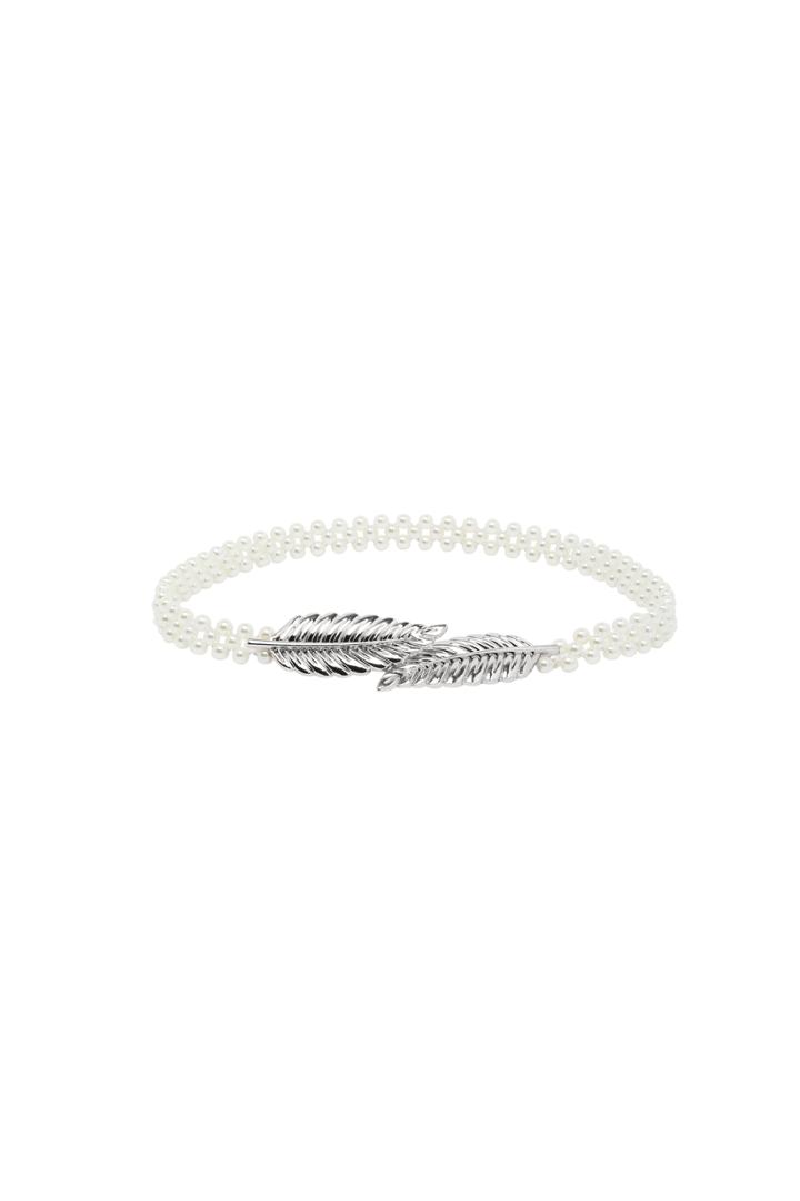 Romwe White Pearl Silver Leaf Buckle Elastic Belt