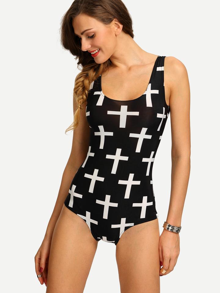 Romwe Cross Print One-piece Swimwear - Black