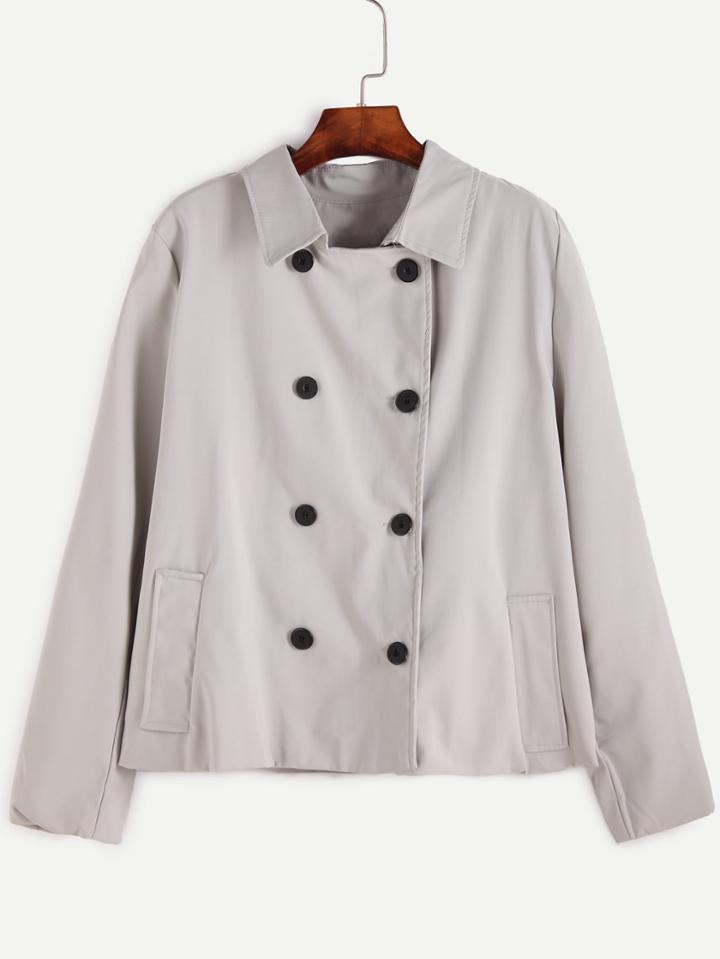 Romwe Light Grey Double Breasted Pocket Coat