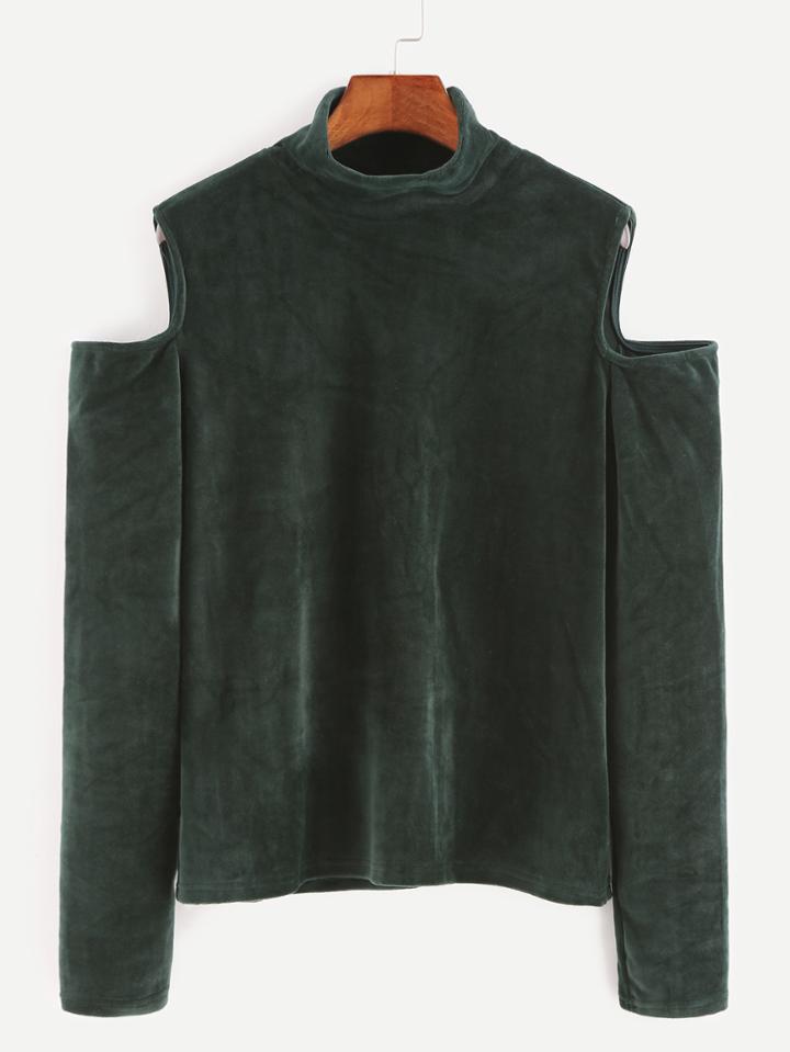 Romwe Green High Neck Open Shoulder Velvet T-shirt