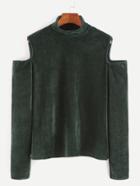 Romwe Green High Neck Open Shoulder Velvet T-shirt