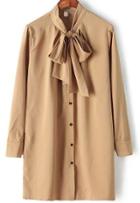 Romwe Pink Tie Neck Long Sleeve Loose Blouse