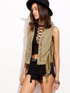 Romwe Faux Suede Fringe Embroidered Open Front Vest