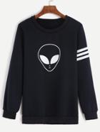 Romwe Navy Alien Print Striped Sleeve Sweatshirt