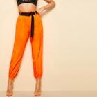 Romwe Neon Orange Slant Pocket Push Buckle Belted Pants