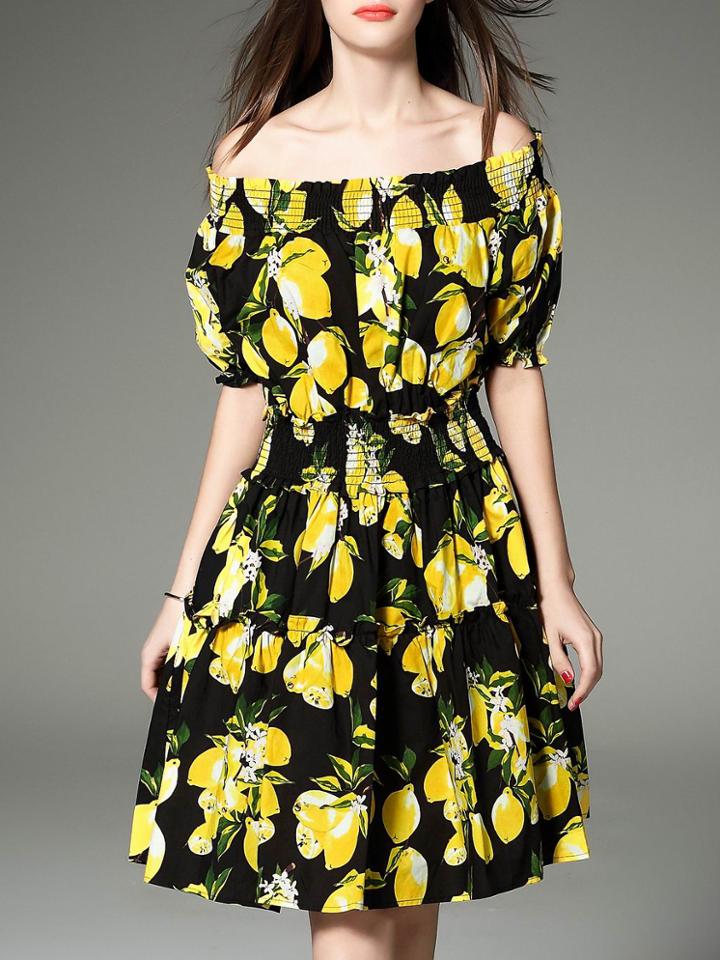 Romwe Black Elastic-waist Lemon A-line Dress