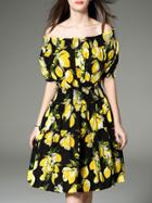 Romwe Black Elastic-waist Lemon A-line Dress