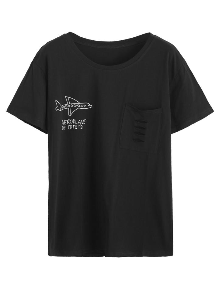 Romwe Black Airplane Print Ripped Pocket T-shirt
