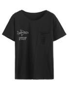 Romwe Black Airplane Print Ripped Pocket T-shirt