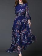 Romwe Navy Floral A-line Maxi Dress