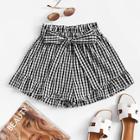 Romwe Frill Trim Knot Front Checked Shorts