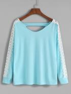 Romwe Crochet Insert V Neck Cut Out Back T-shirt
