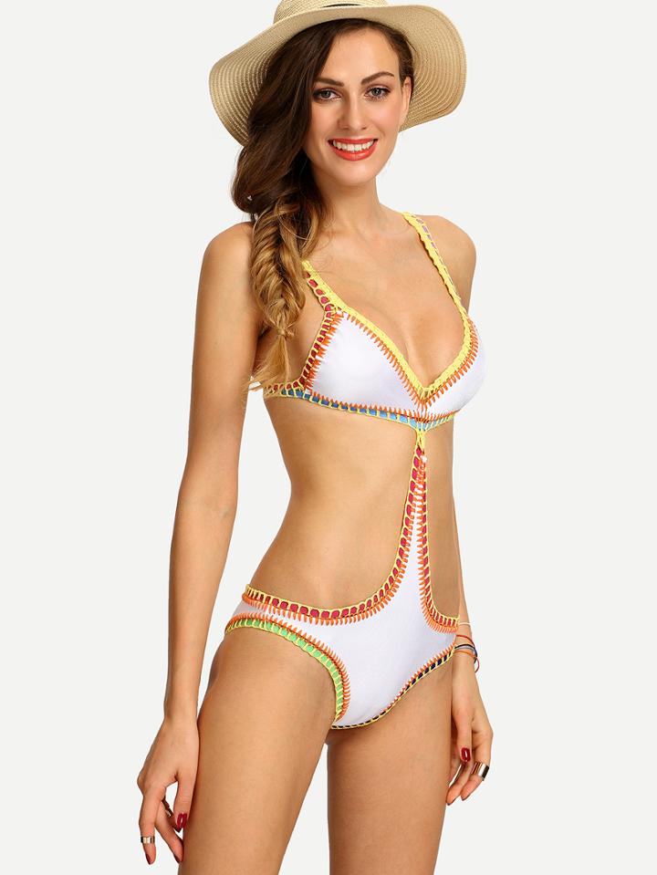 Romwe Braided Trim Cutout One-piece Swimwear - White