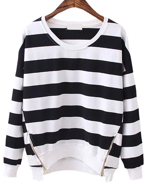 Romwe Dropped Shoulder Seam Striped Zippers Black Sweatshirt