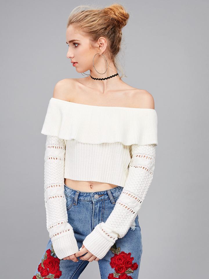 Romwe Eyelet Sleeve Mixed Knit Frill Bardot Jumper