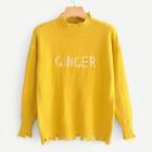 Romwe Drop Shoulder Letter Embroidered Frayed Sweater