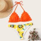 Romwe Scallop Edge Halter Top With Random Floral Bikini