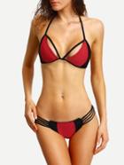 Romwe Contrast Strappy Cutout Bikini Set - Red