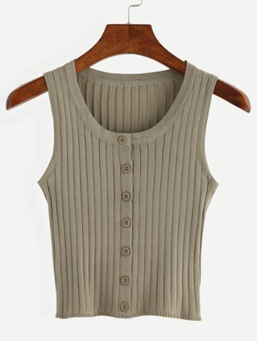 Romwe Khaki Buttoned Front Ribbed Tank Top