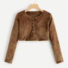 Romwe Single Breasted Crop Velvet Jacket