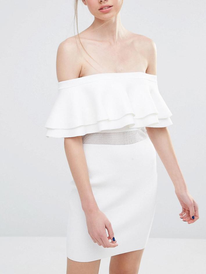 Romwe White Mesh Insert Ruffled Off The Shoulder Dress