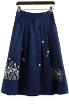 Romwe Embroidered Flare Blue Skirt