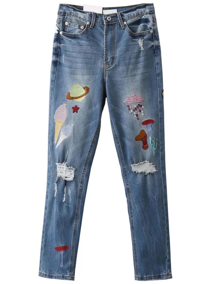 Romwe Blue Cartoon Embroidery Ripped Jeans