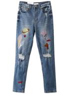 Romwe Blue Cartoon Embroidery Ripped Jeans