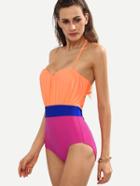 Romwe Color Block Pleated One-piece Swimwear