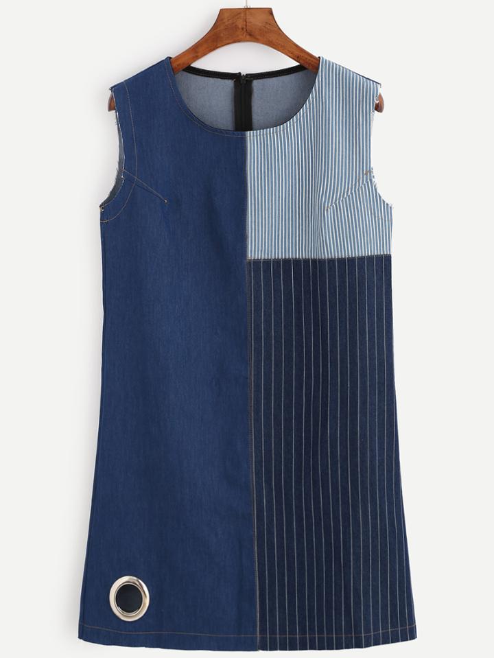 Romwe Blue Metal Eyelet Detail Denim Patchwork Dress