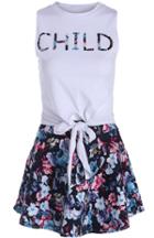 Romwe Letter Print Knotted Top With Florals Skirt