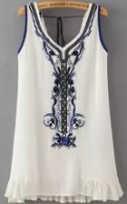 Romwe V Neck Sequined Embroidered Peplum Hem White Dress
