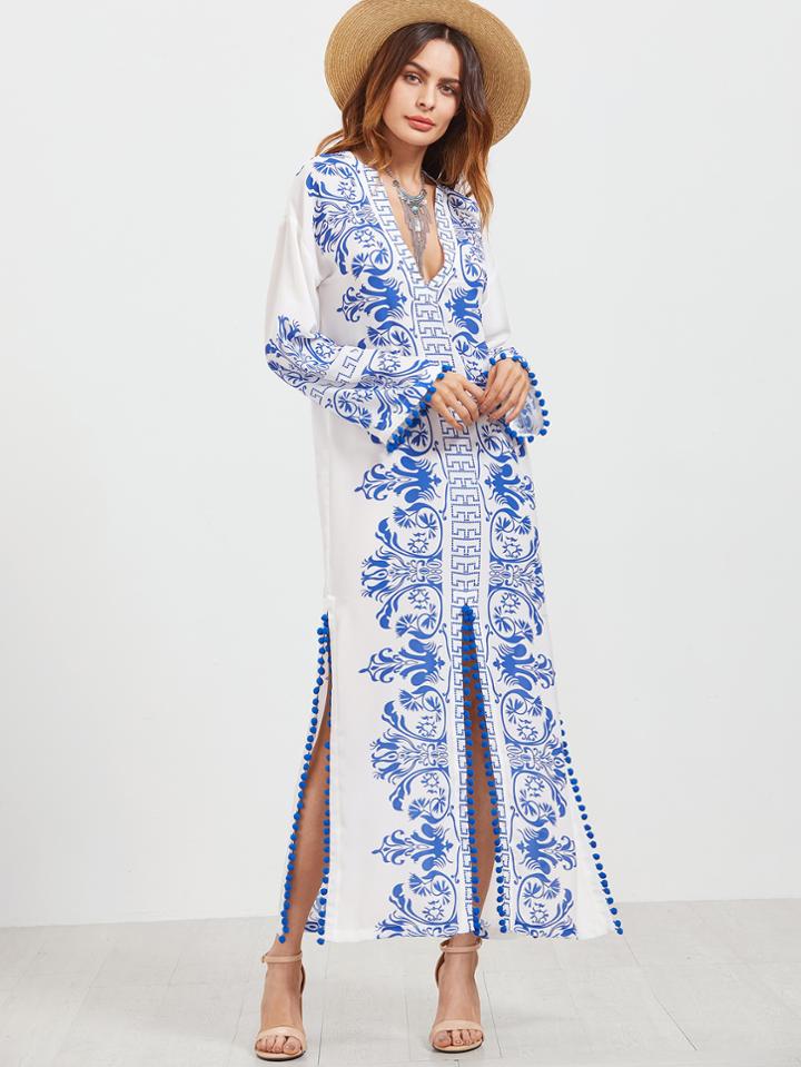 Romwe Aztec Print Plunging V Neck Pom Pom Trim Slit Dress