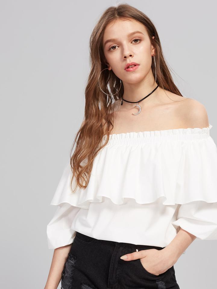 Romwe Lantern Sleeve Flounce Bardot Top