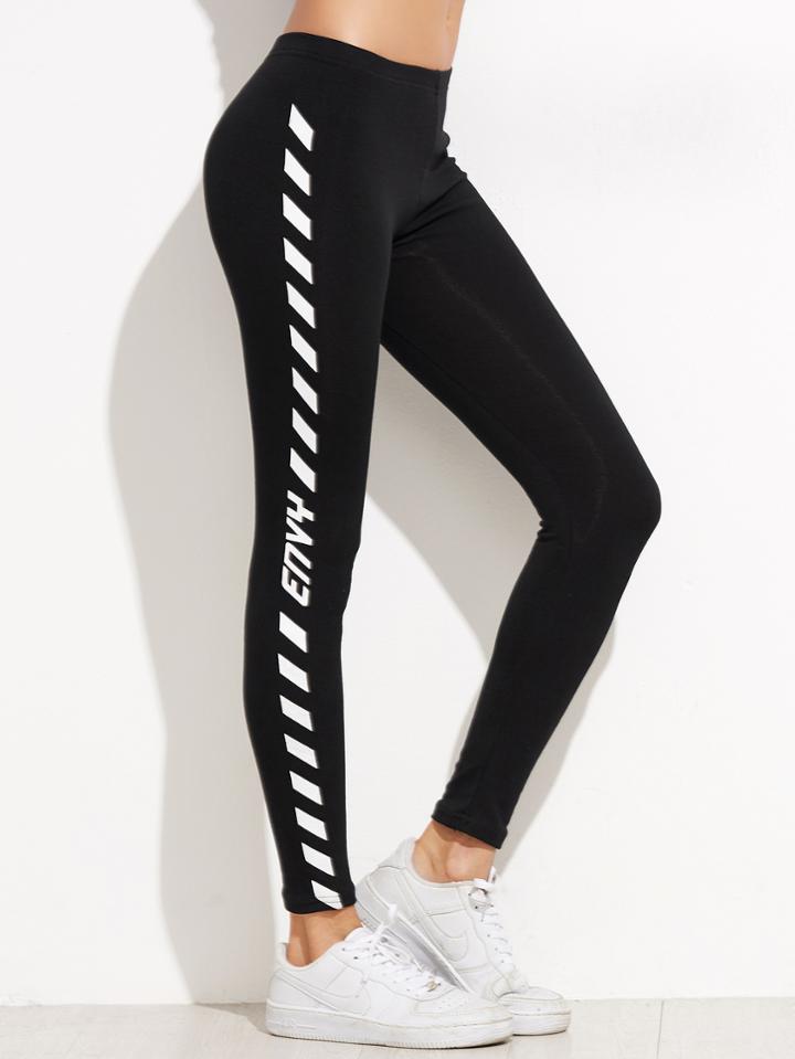 Romwe Black Side Print Leggings