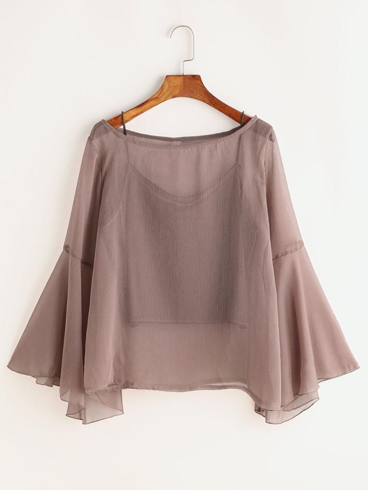 Romwe Fluted Sleeve Sheer Blouse With Cami Top