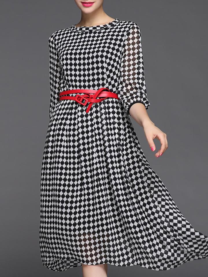 Romwe Black Checkered Belted High Low Dress