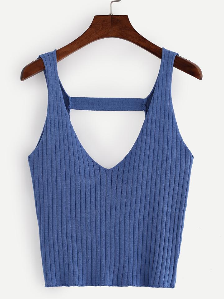 Romwe Cutout Back Ribbed Knit Top - Blue