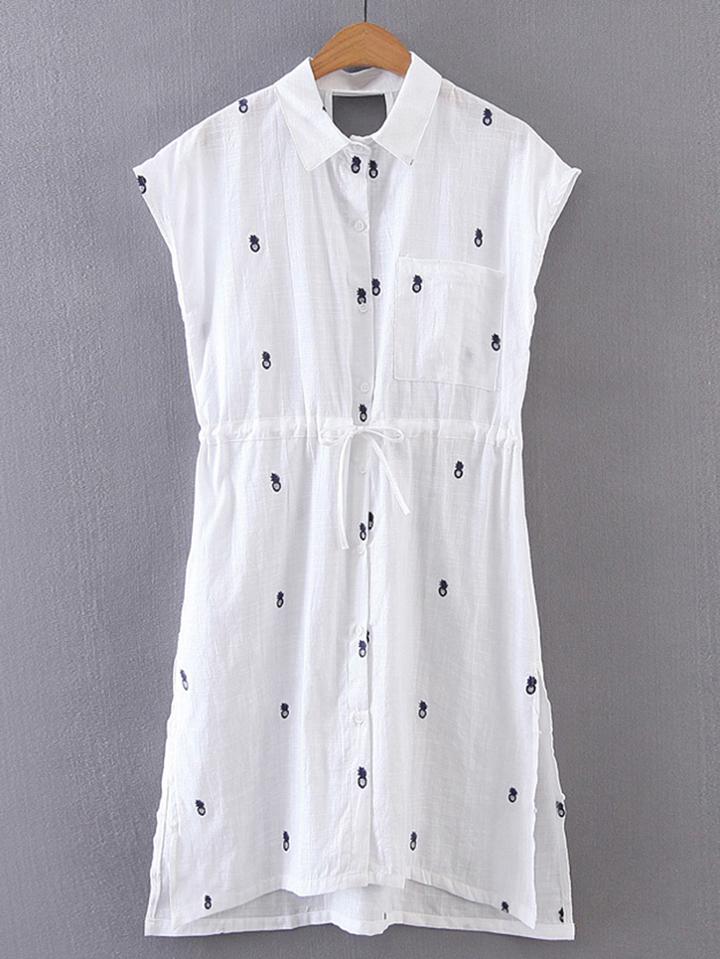 Romwe Pineapple Embroidery Drawstring Waist Dress
