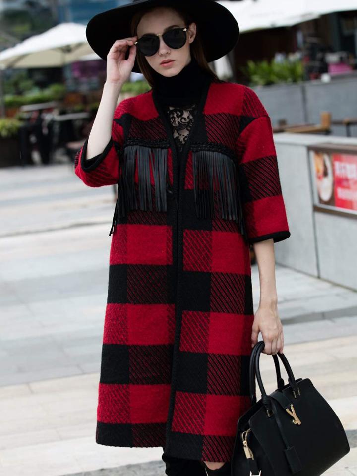Romwe Red V Neck Length Sleeve Check Print Tassel Coat