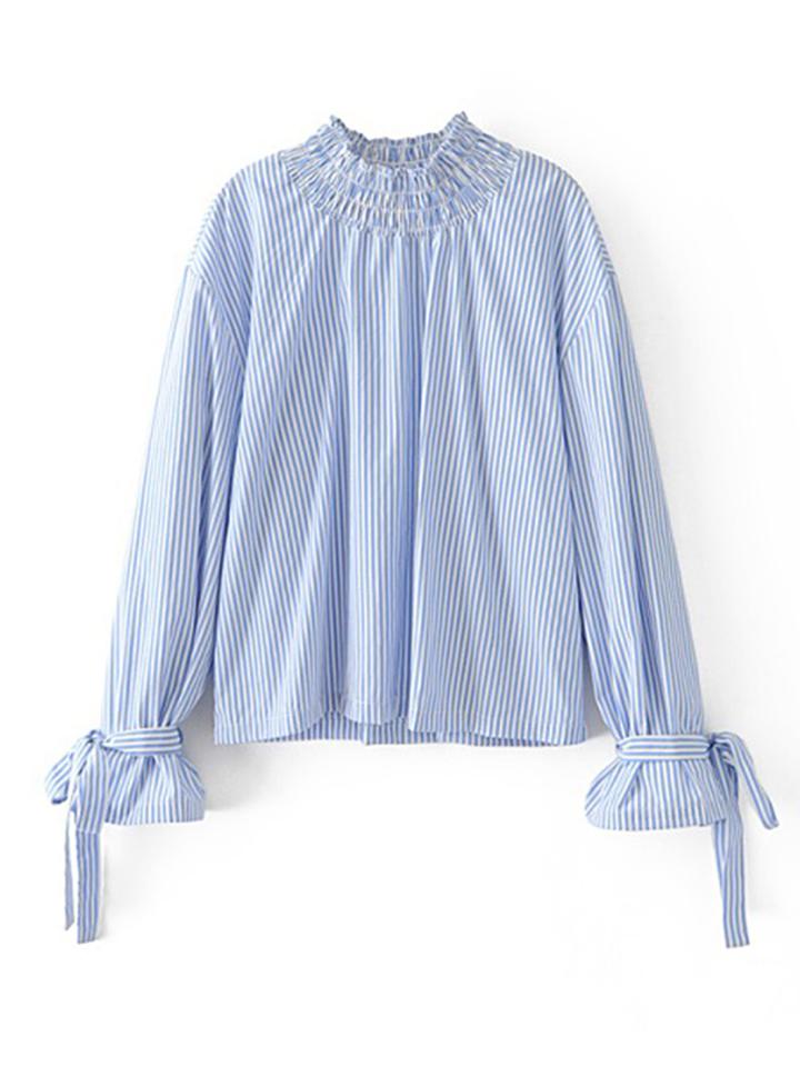 Romwe Vertical Striped Tie Cuff Blouse