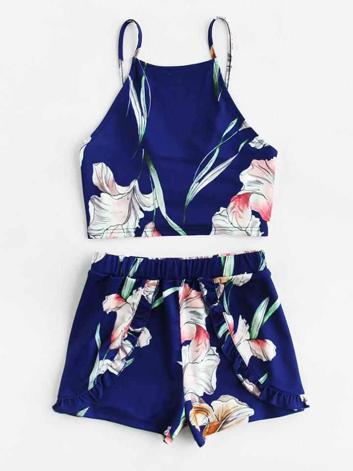 Romwe Tie Back Cami And Frilled Wrap Shorts Set