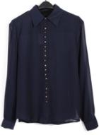 Romwe Lapel With Buttons Navy Blouse