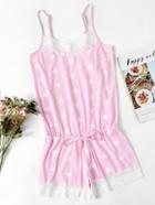 Romwe Heart Print Drawstring Waist Lace Trim Cami Romper