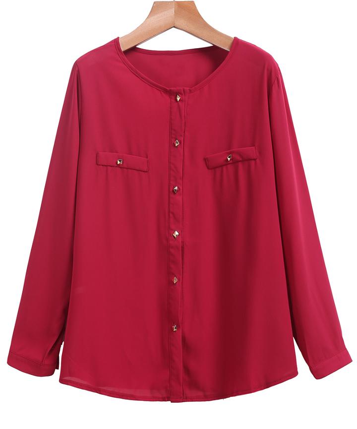 Romwe Round Neck With Buttons Chiffon Blouse