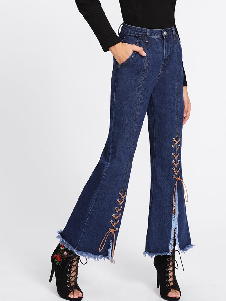 Romwe Lace Up Front Frayed Hem Jeans