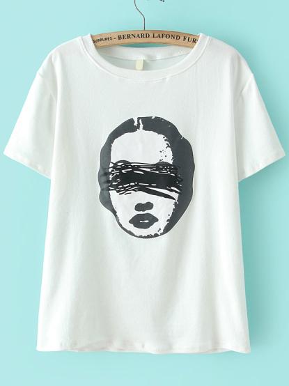 Romwe Round Neck Vintage Pattern Print White T-shirt