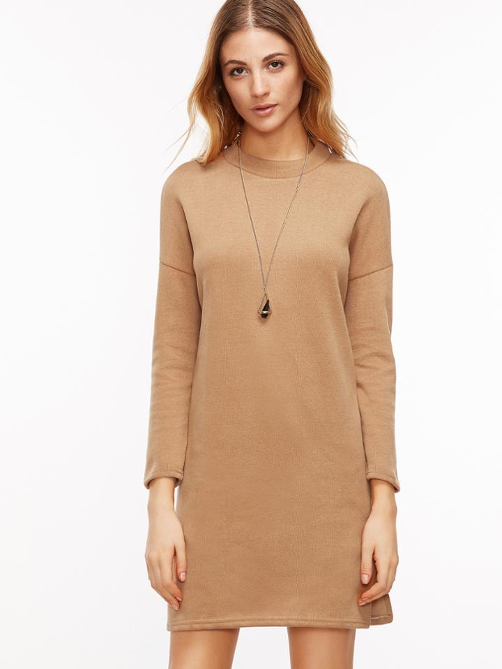 Romwe Khaki Drop Shoulder Slit Side Long Sweater