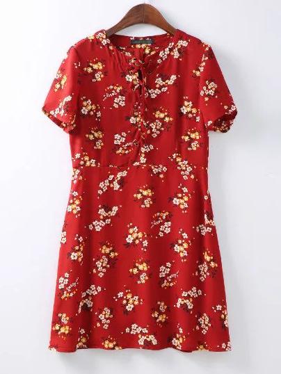 Romwe Red Floral Lace Up Zipper Side A-line Dress