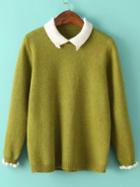 Romwe Contrast Lapel Ruffle Green Sweater